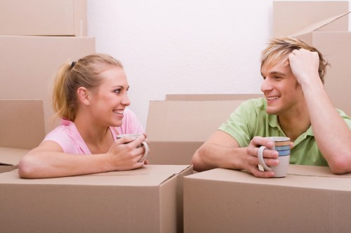 Business relocation vehicles and packed boxes for commercial moves